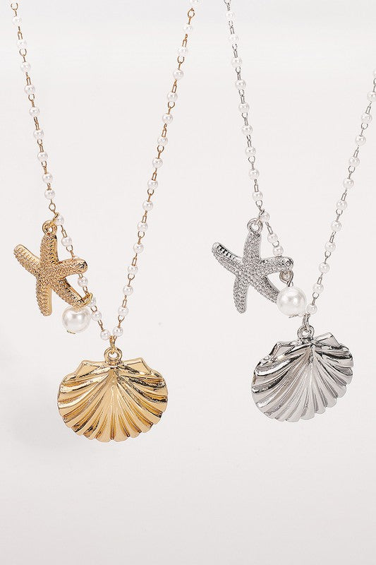 Pearl Chain Starfish Shell Pendant Necklace