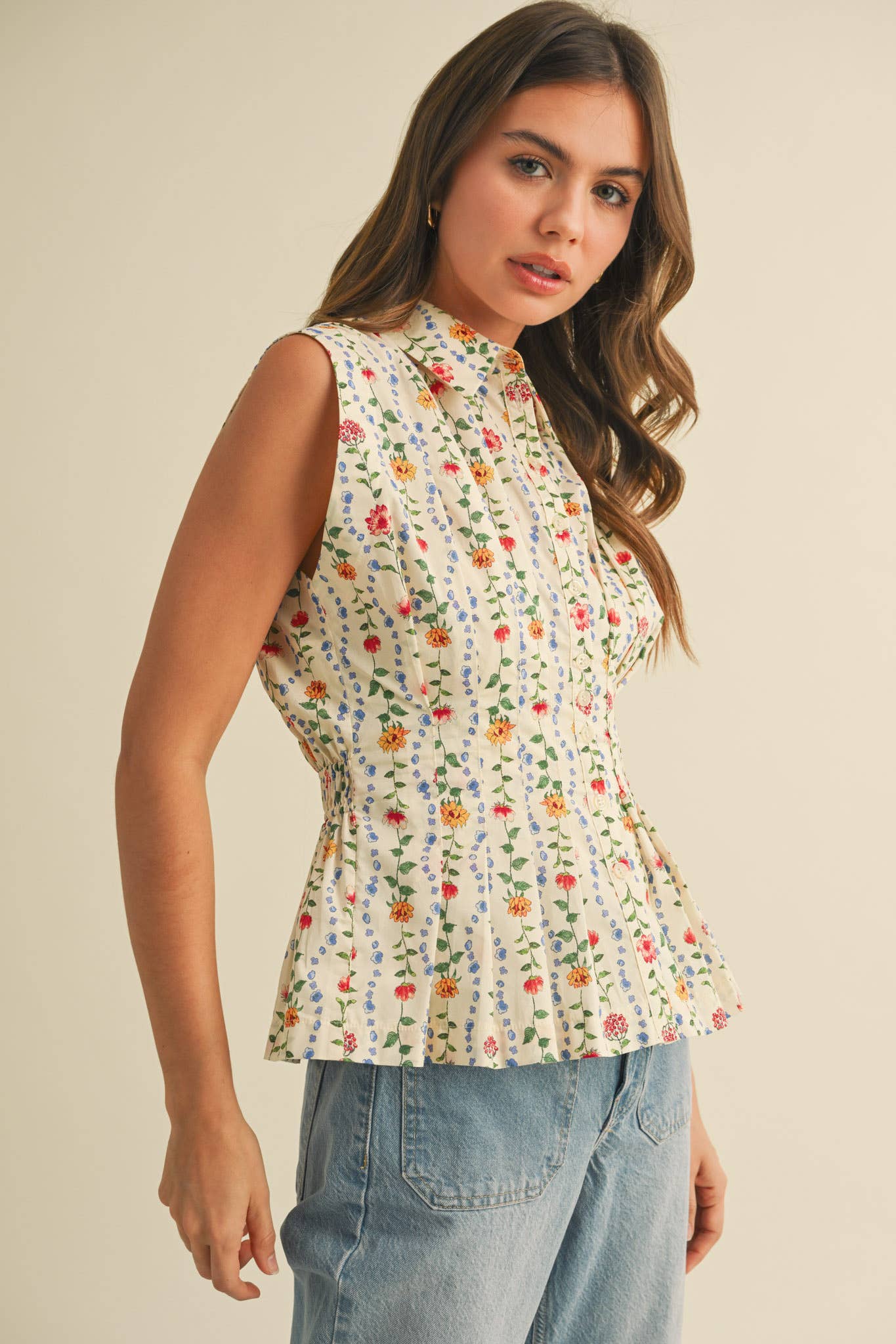 Christina Button-Down Peplum Waist Sleeveless Top - Uniquely Claudia Boutique