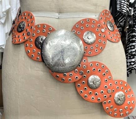 Medallion Metallic Orange Leather Belt