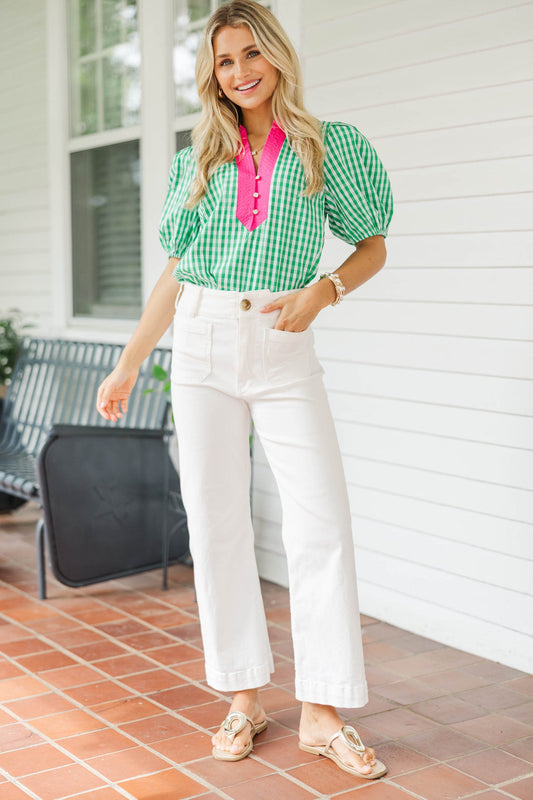 Melanie Hot Pink Contrast Gingham Puff Sleeve Top