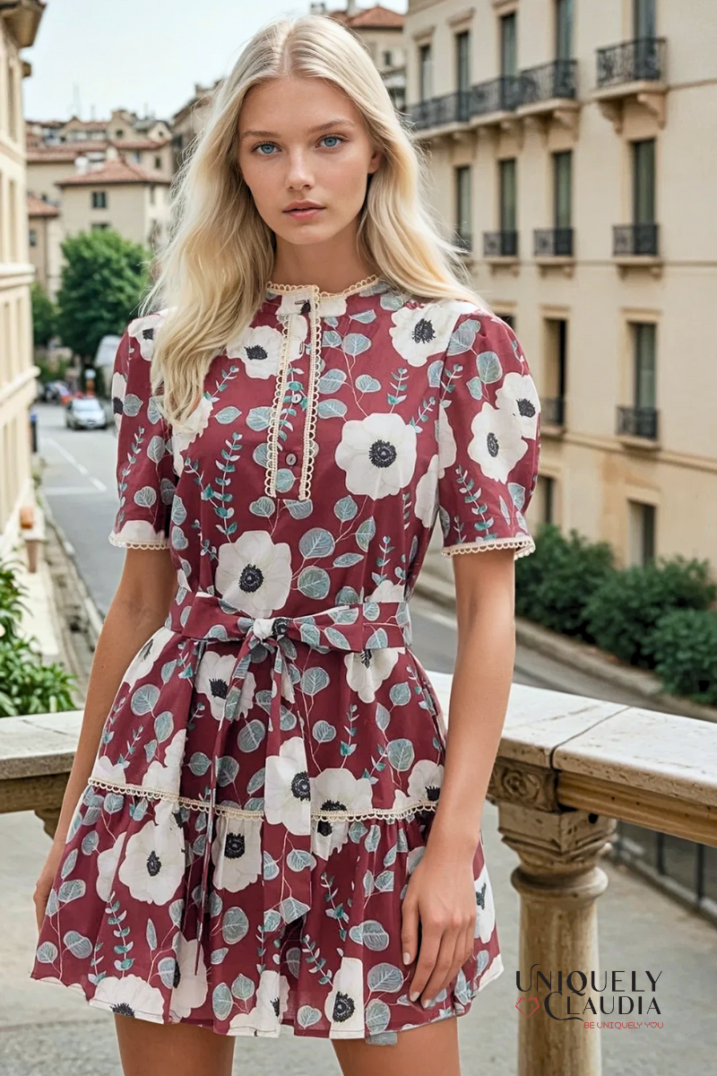 Woman wearing a floral dress with a cityscape background