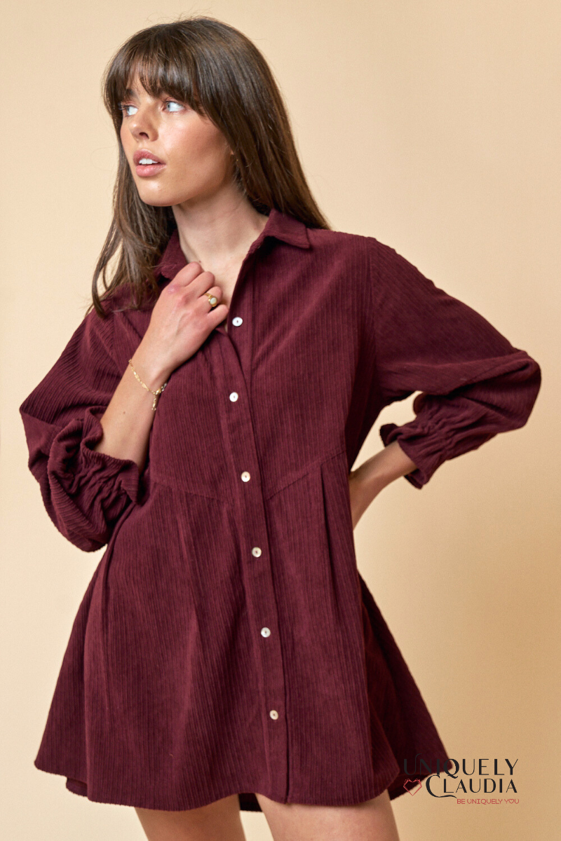 Allison Corduroy Button Up Shirt Mini Dress | Uniquely Claudia Boutique