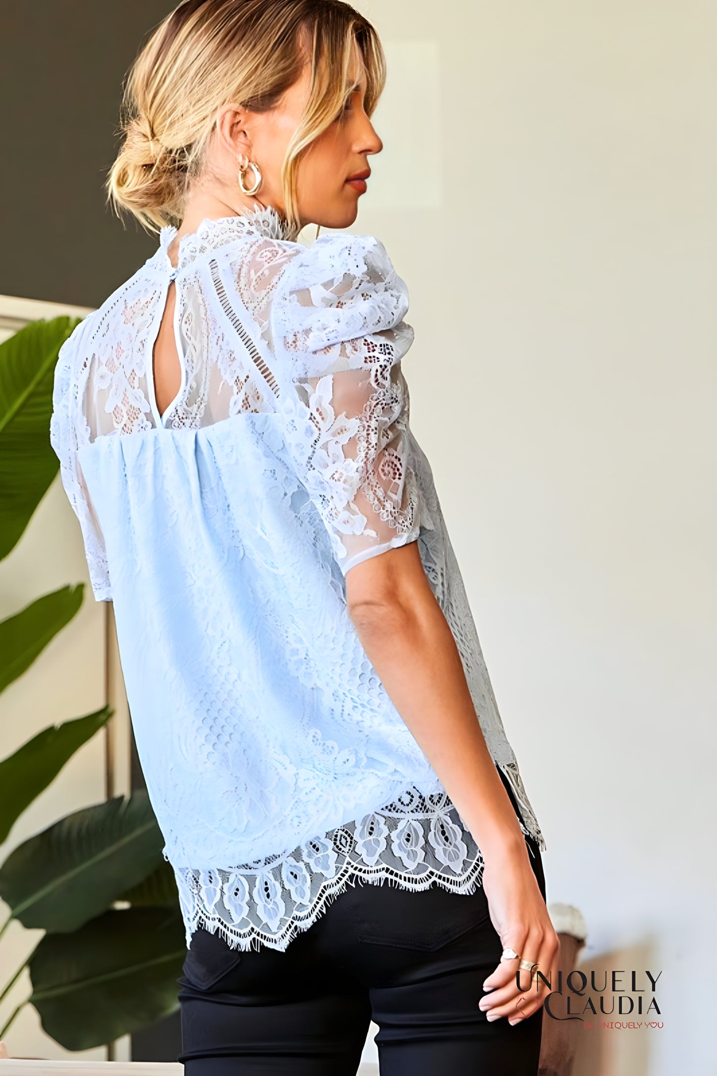 Women's Lace Top | Anne Marie High Neck Sky Blue Lace Top | Uniquely Claudia Boutique
