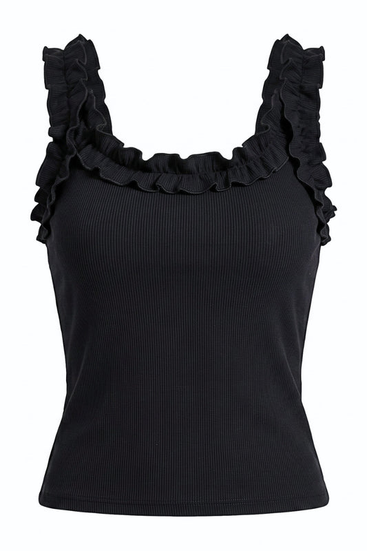 A black ribbed tank top with ruffled trim along the scoop neckline and wide shoulder straps, shown against a plain white background.