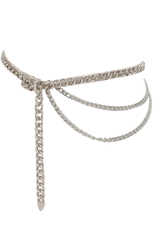 Silver chain belt on a mannequin bust against a white background