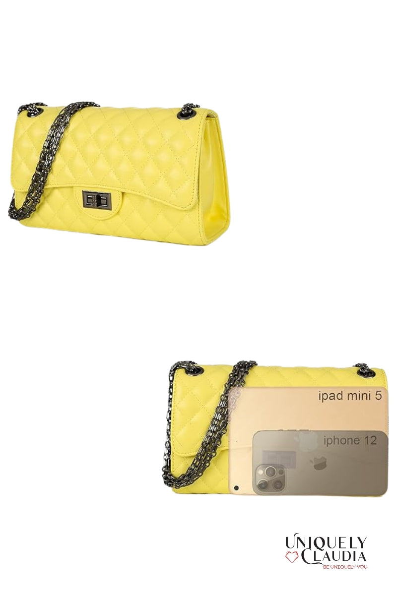 Yellow handbag with chain detail holding an iPad Mini 5 and iPhone 12 on a white background.