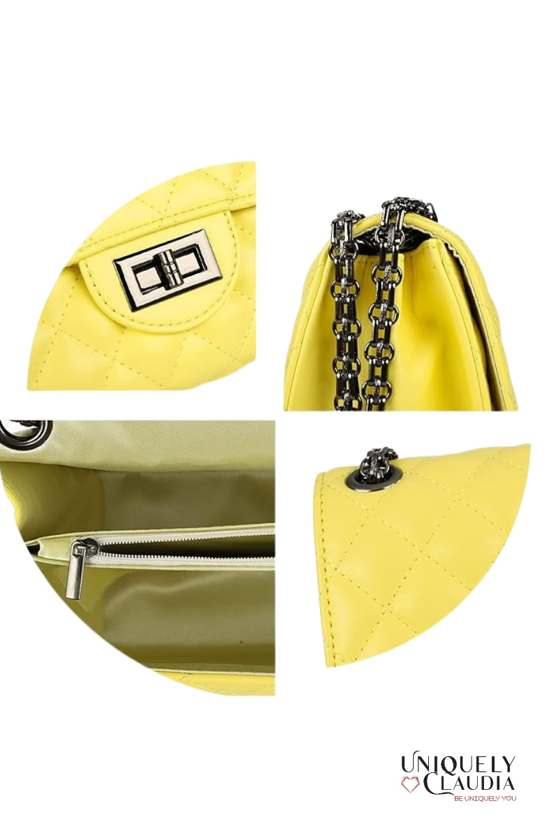 Yellow handbag with chain detail shown from multiple angles on a white background, featuring the brand 'Uniquely Claudia'.