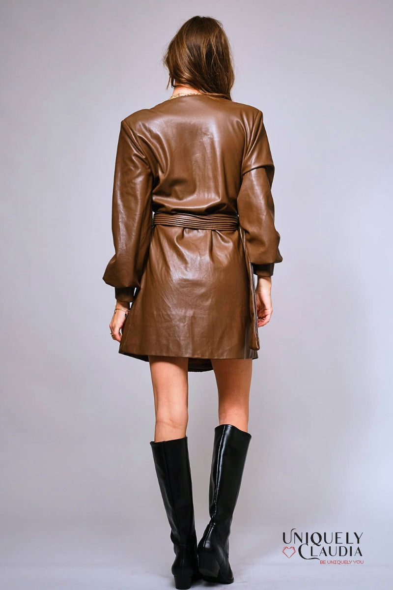 Cherya Brown Faux Leather Belted Wrap Mini Dress