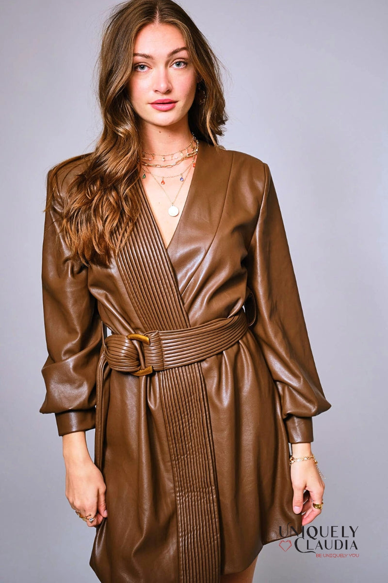 Cherya Brown Faux Leather Belted Wrap Mini Dress