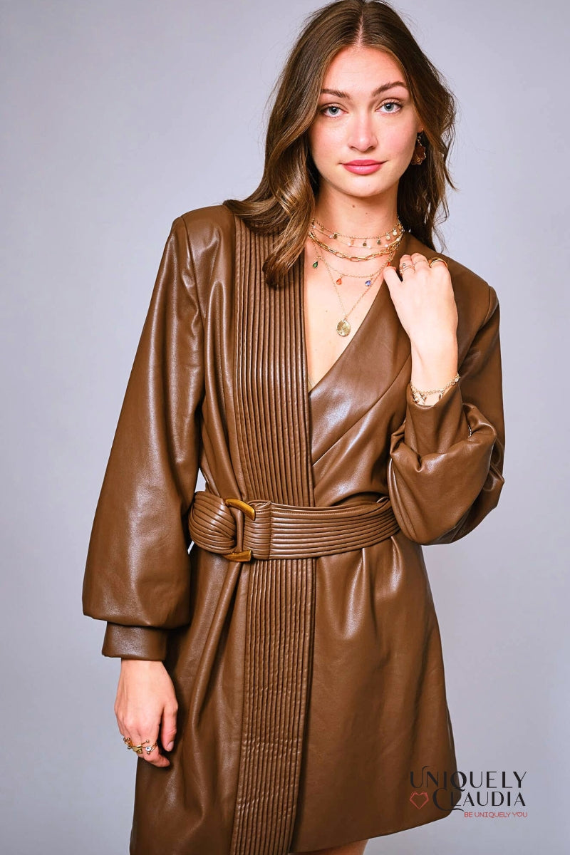 Cherya Brown Faux Leather Belted Wrap Mini Dress