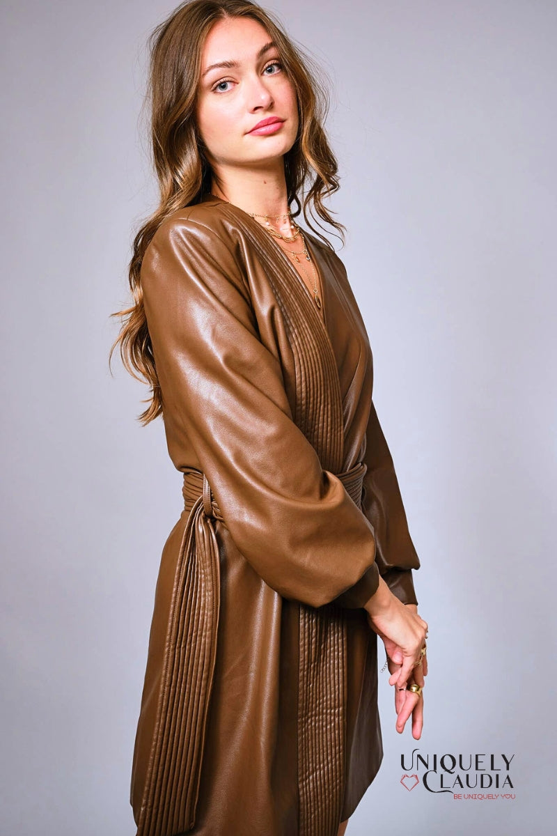 Cherya Brown Faux Leather Belted Wrap Mini Dress