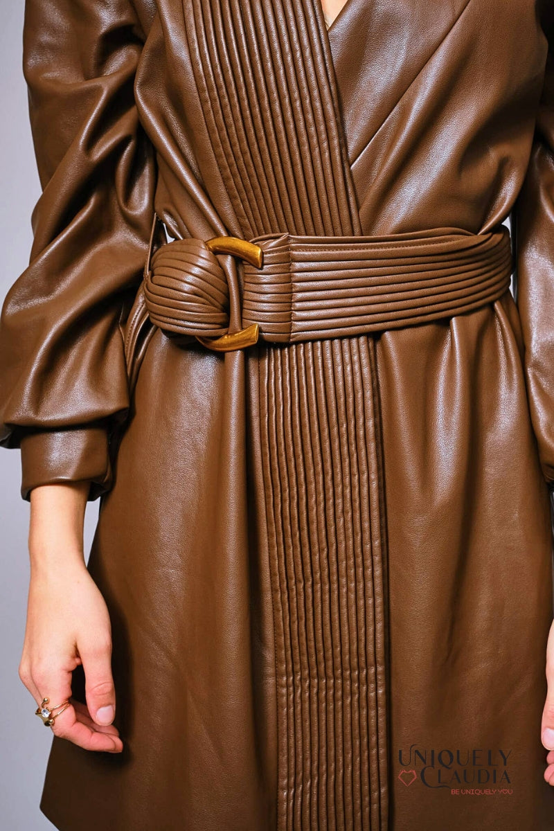 Cherya Brown Faux Leather Belted Wrap Mini Dress