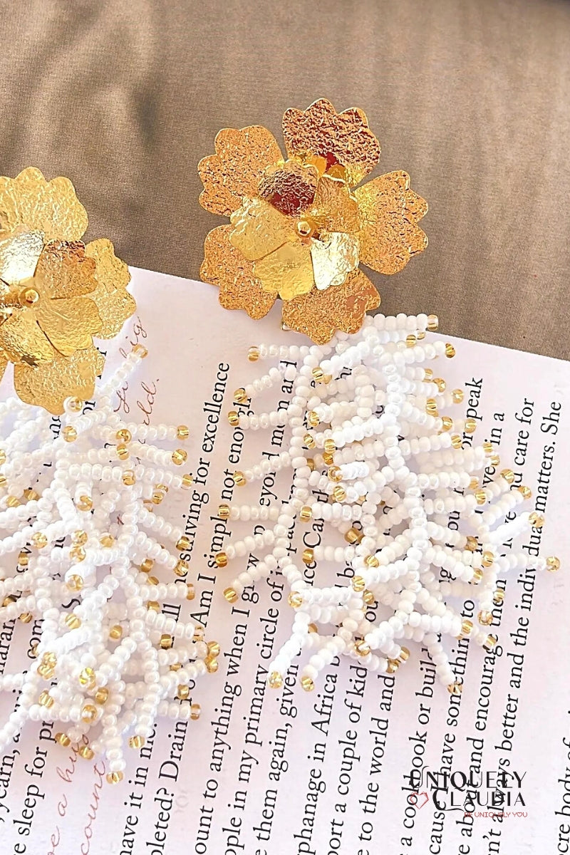 Beaded Earrings | Coral Reef Gold & White Beaded Earrings | Uniquely Claudia Boutique