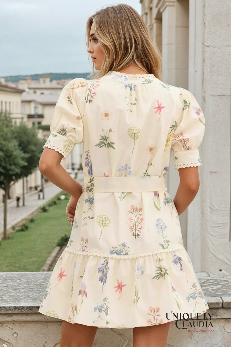 Woman wearing a floral dress standing outdoors with classical architecture in the background