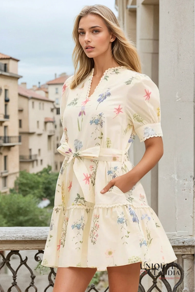 Woman wearing a floral dress on a balcony with buildings in the background
