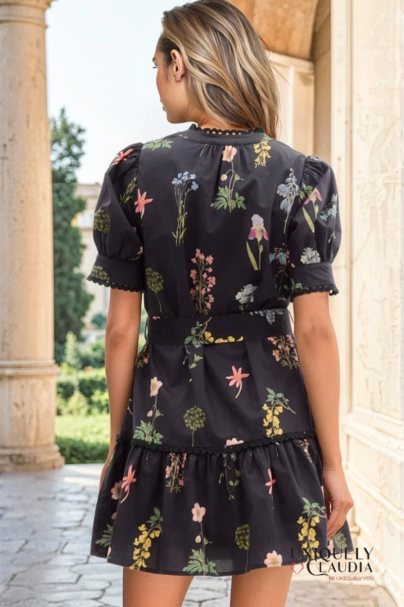 Deadra Floral Print Puff Sleeve Black Dress - Uniquely Claudia Boutique