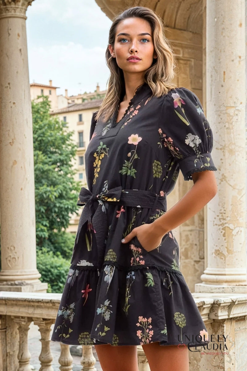 Deadra Floral Print Puff Sleeve Black Dress - Uniquely Claudia Boutique