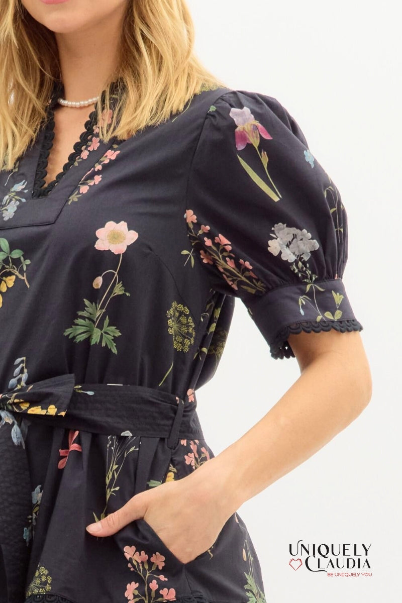 Deadra Floral Print Puff Sleeve Black Dress - Uniquely Claudia Boutique