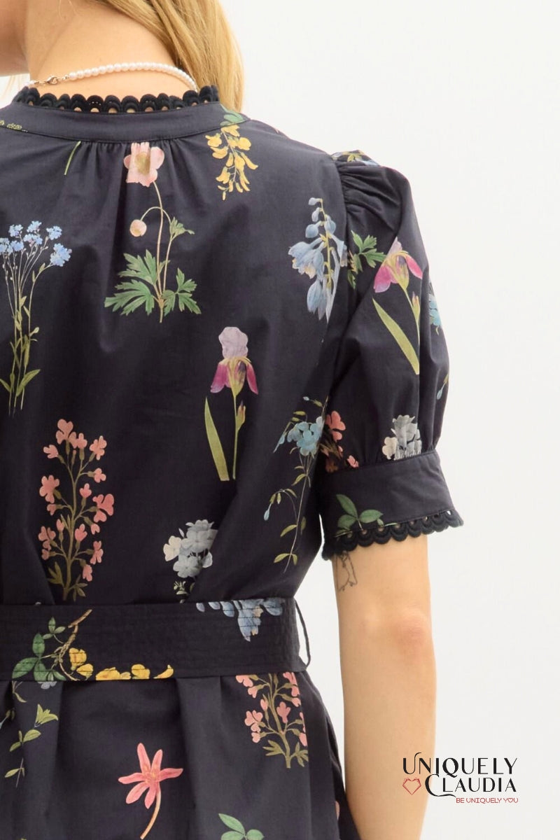Deadra Floral Print Puff Sleeve Black Dress - Uniquely Claudia Boutique