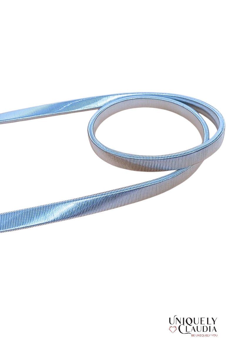 Silver belt with interlocking circular design on a white background