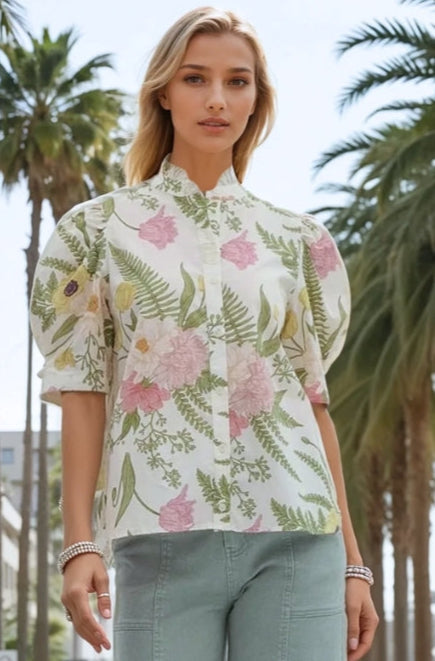 Emilia Floral Print Ruffled Neck Button-Down Blouse | Uniquely Claudia Boutique
