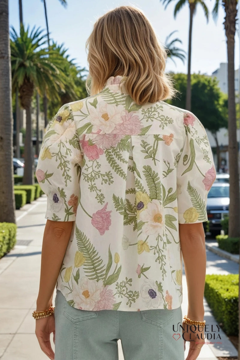 Emilia Floral Print Ruffled Neck Button-Down Blouse | Uniquely Claudia Boutique