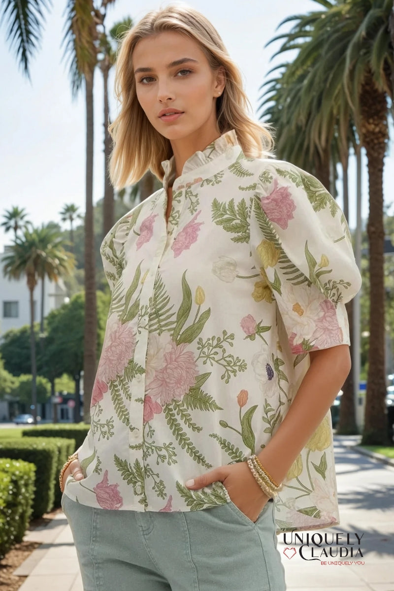 Emilia Floral Print Ruffled Neck Button-Down Blouse | Uniquely Claudia Boutique