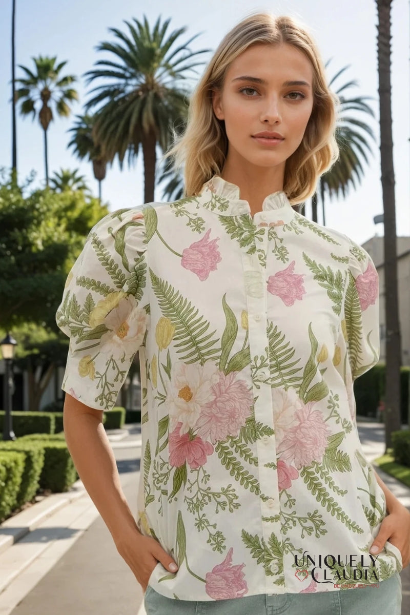Emilia Floral Print Ruffled Neck Button-Down Blouse | Uniquely Claudia Boutique