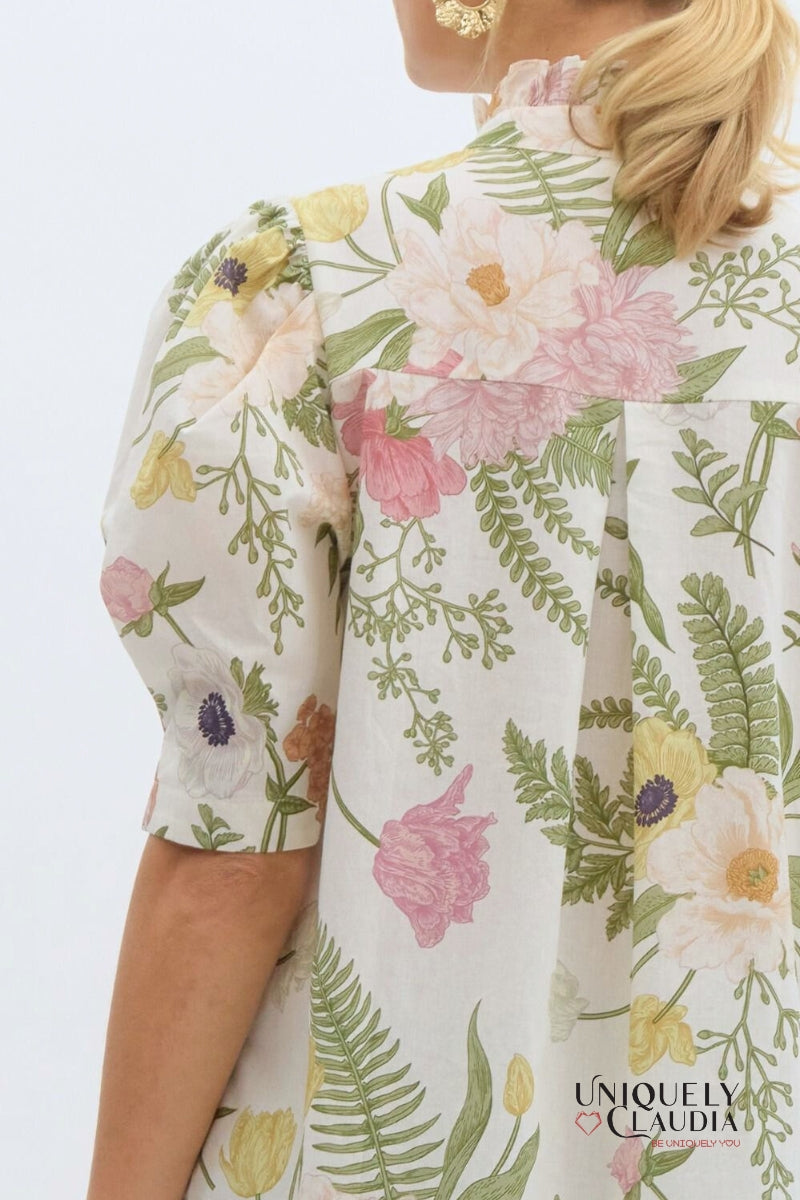 Emilia Floral Print Ruffled Neck Button-Down Blouse | Uniquely Claudia Boutique