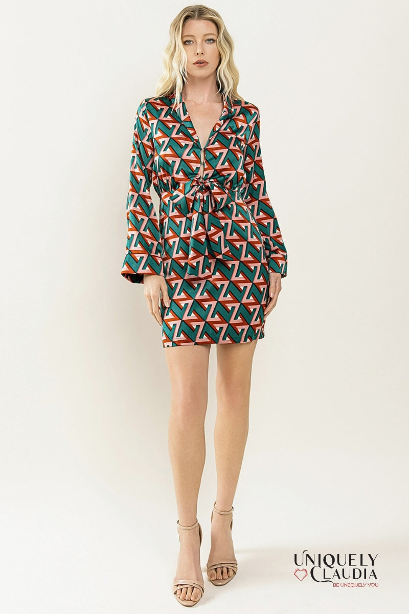 Farrah Geometrical Print Satin Dress | Uniquely Claudia Boutique