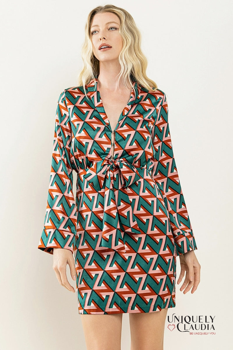 Farrah Geometrical Print Satin Dress | Uniquely Claudia Boutique