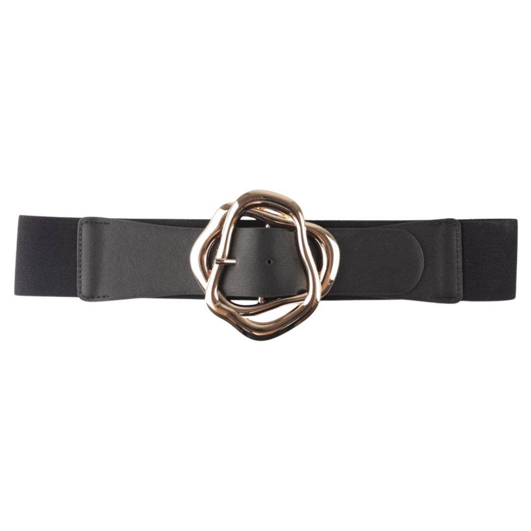 Black belt with a gold knot buckle on a white background