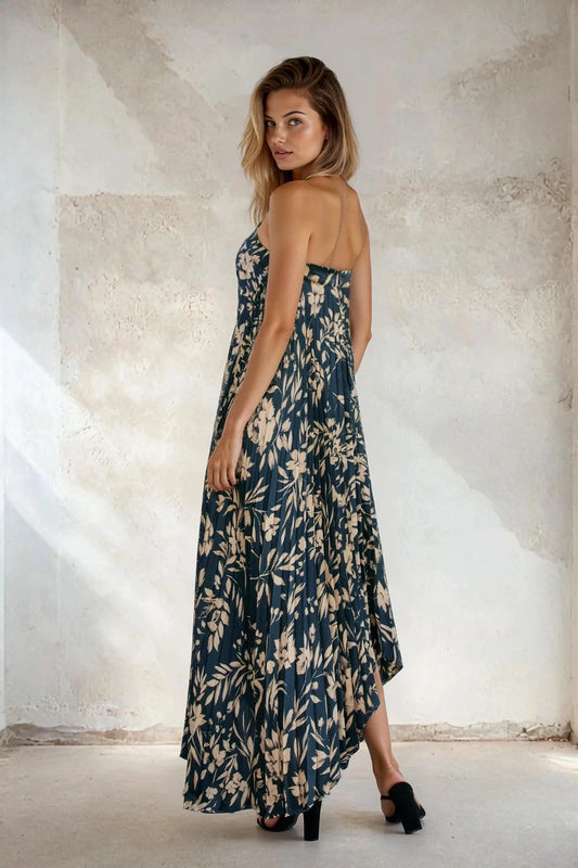 Yaneth Floral Asymmetrical Pleated Maxi Dress - Uniquely Claudia Boutique