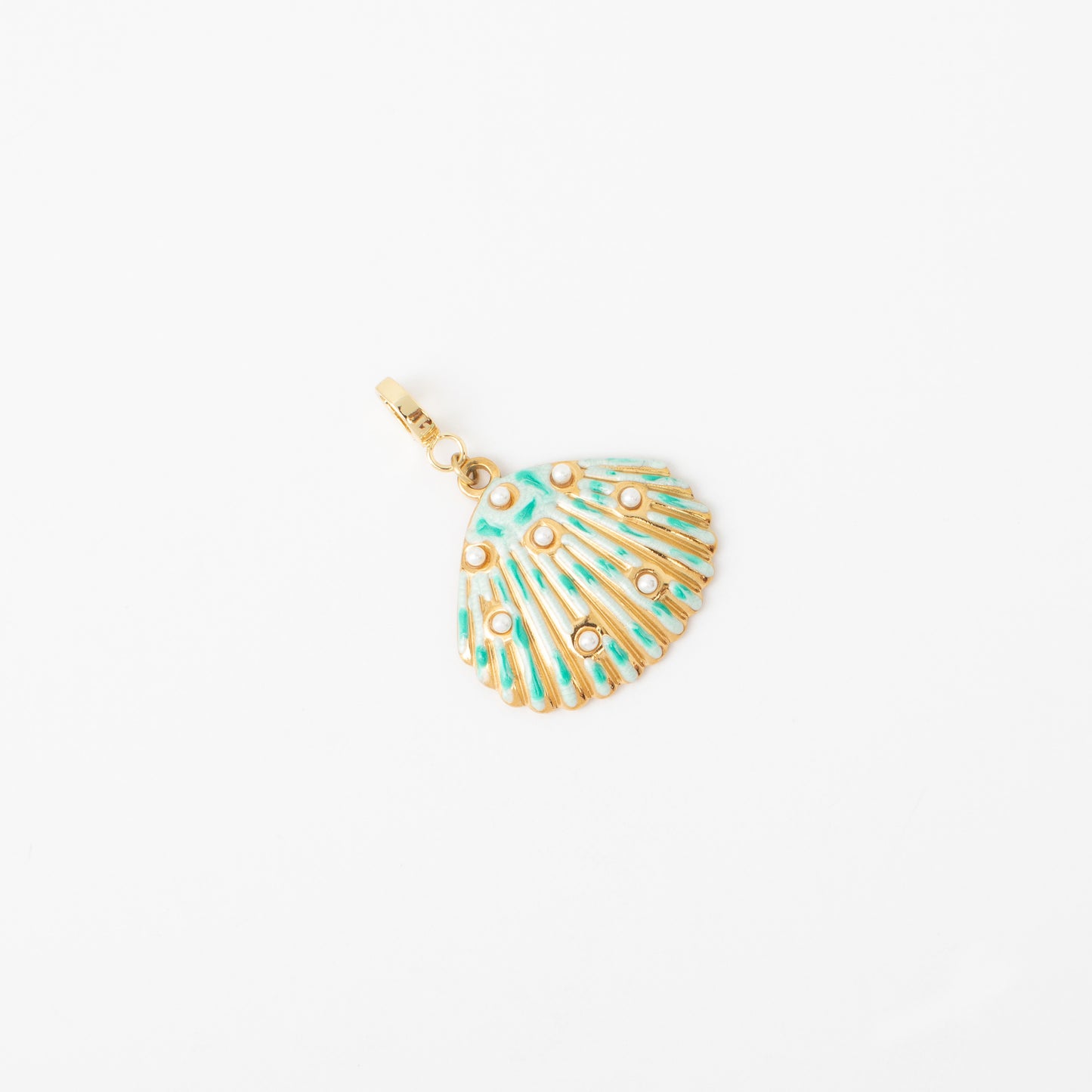 Gold and turquoise shell-shaped pendant on a white background