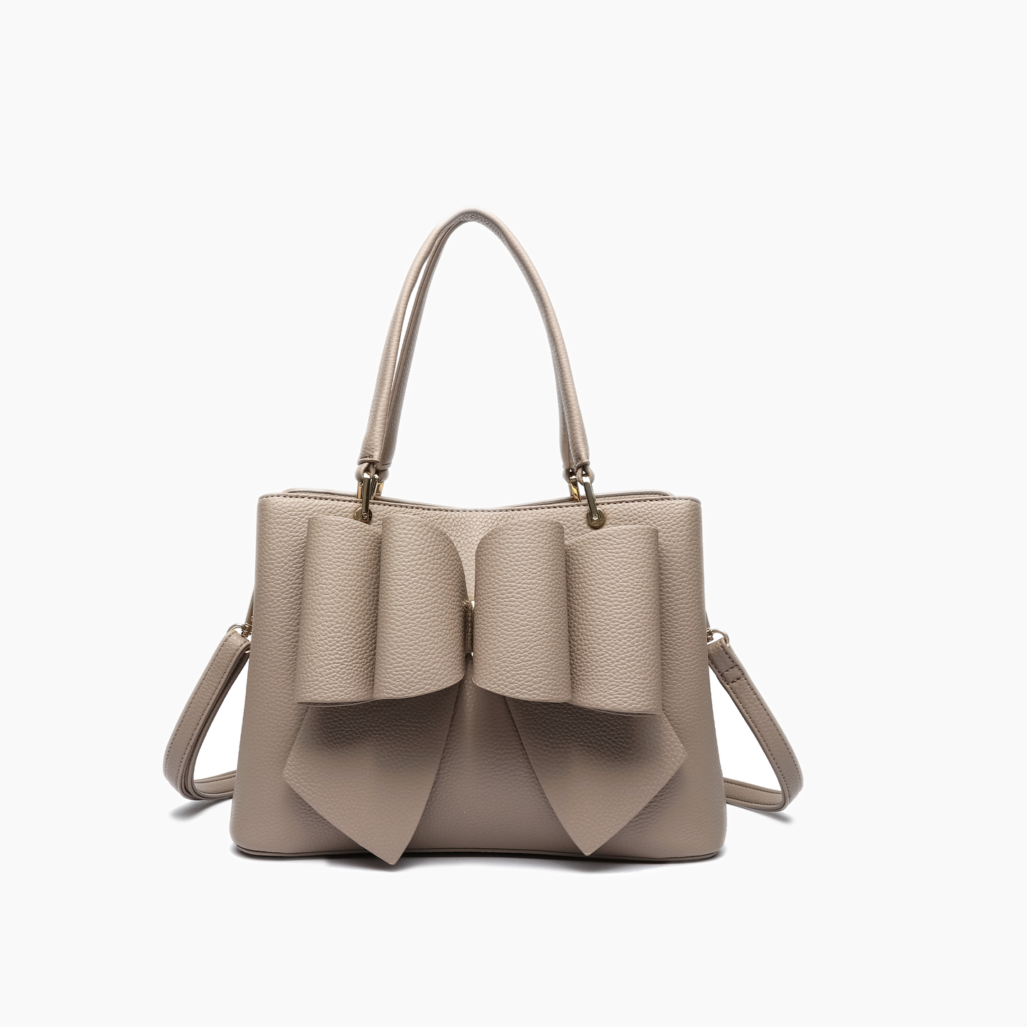 Beige handbag with ruffled details on a white background
