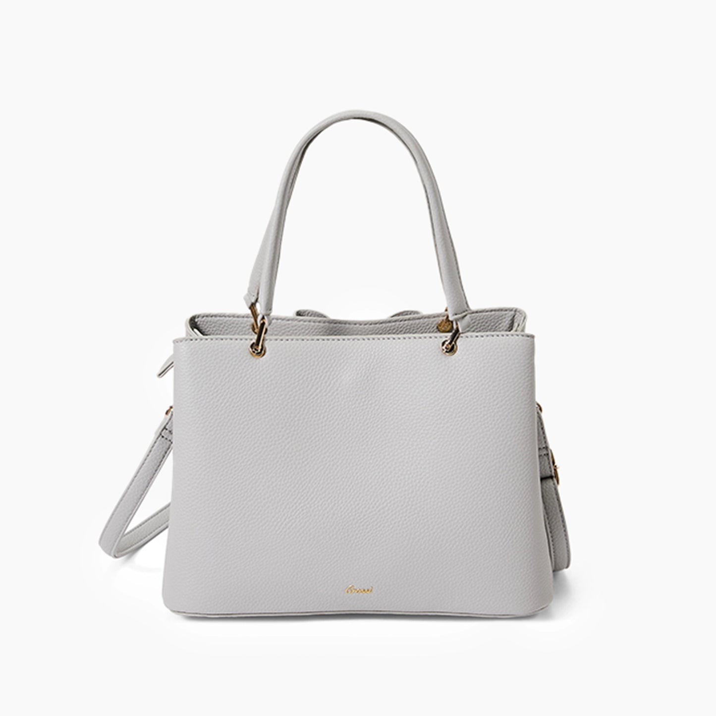 Light gray handbag with gold accents on a white background