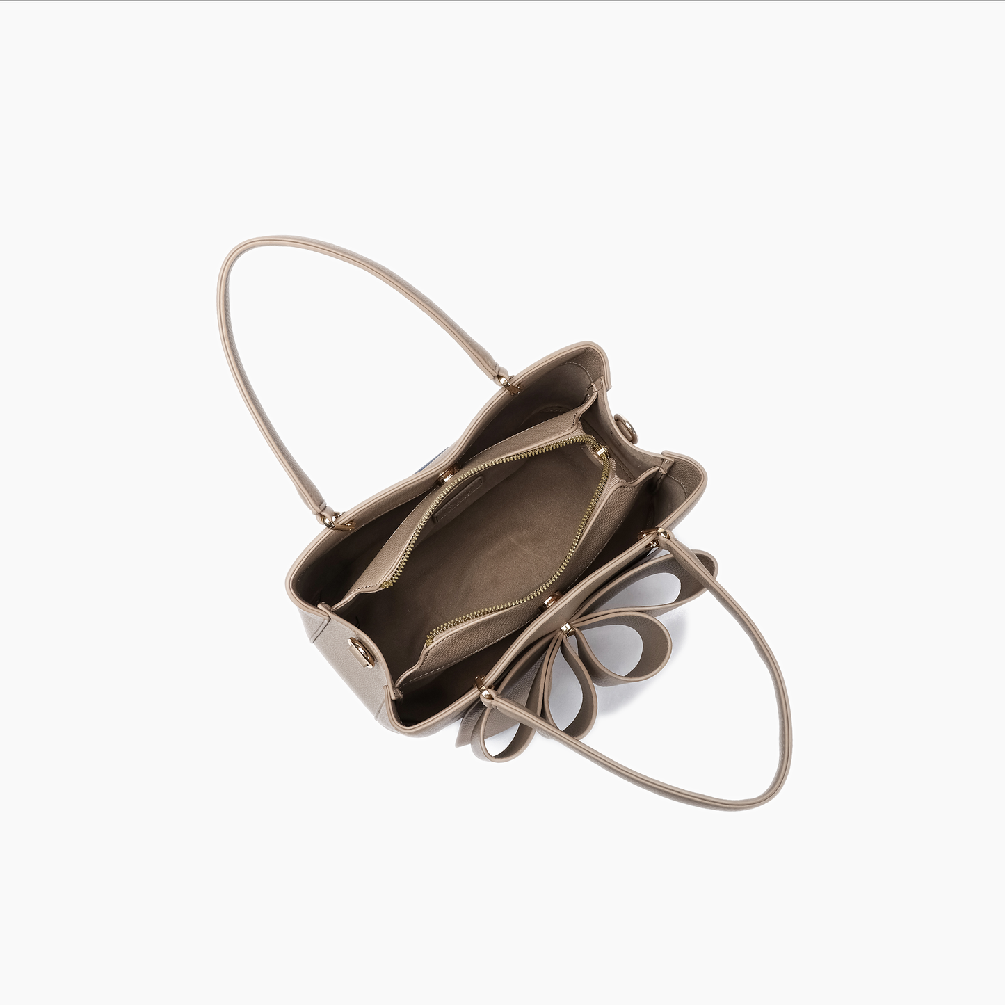 Beige handbag with floral design on a white background