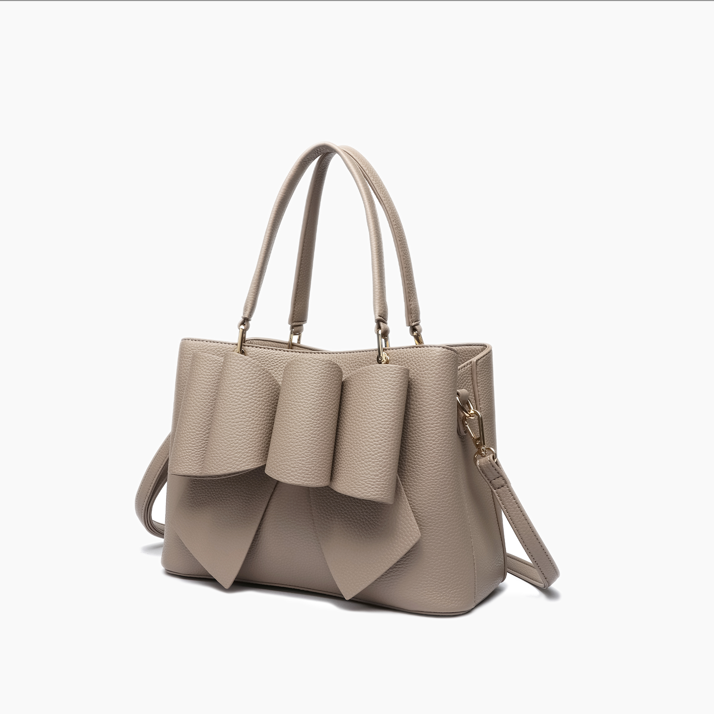 Beige handbag with ruffled details on a white background