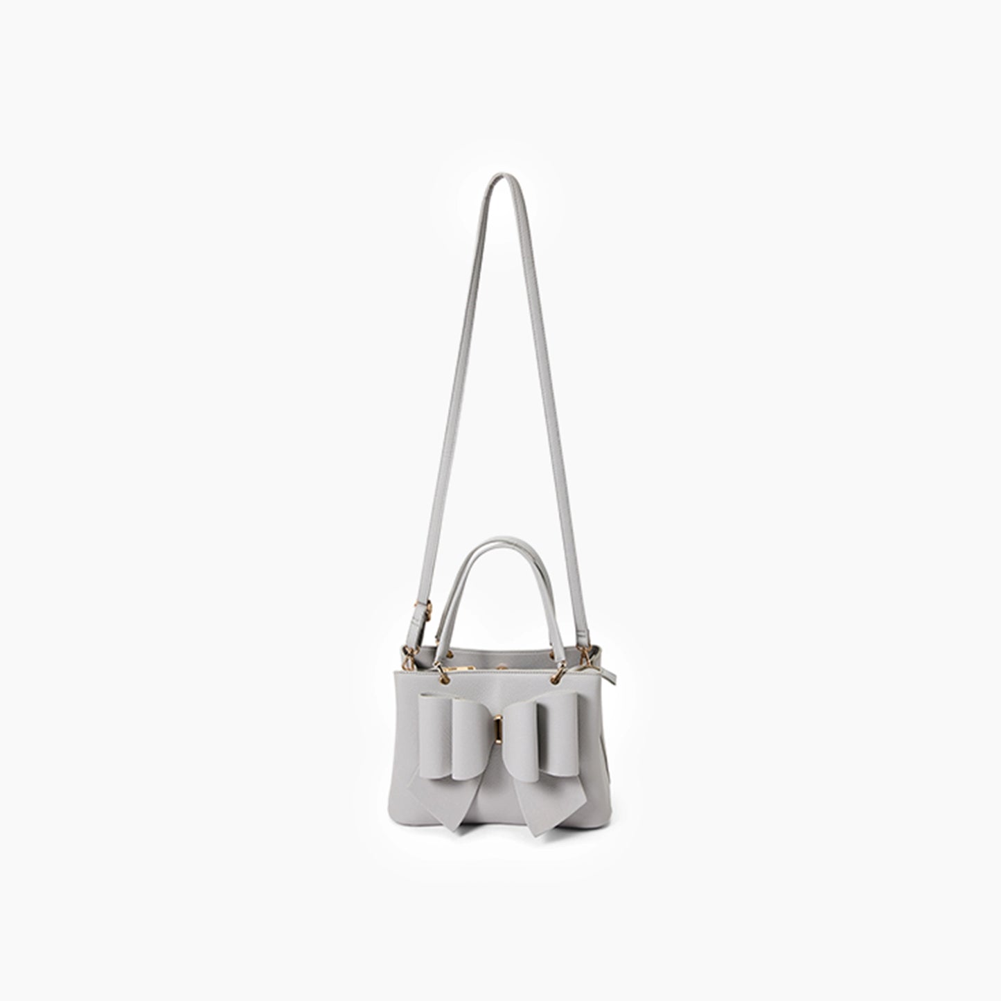 Light gray handbag with a bow detail on a white background