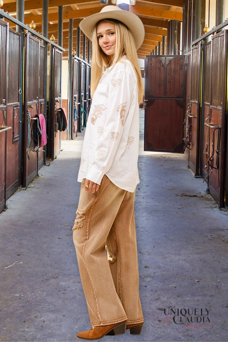Jessie Western Embroidered Linen Blouse - Uniquely Claudia Boutique