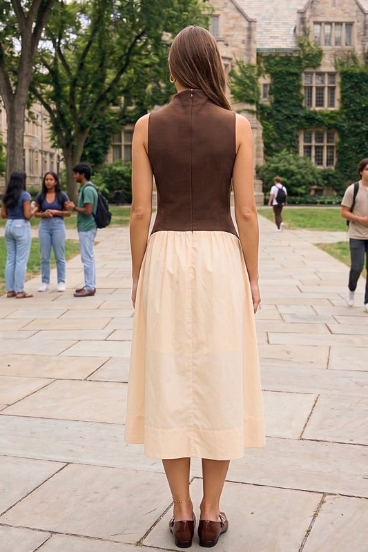 A woman viewed from behind wearing a sleeveless two-tone dress with a dark brown bodice and a light beige skirt, standing on a stone walkway in front of a college building with trees and other people in the background.