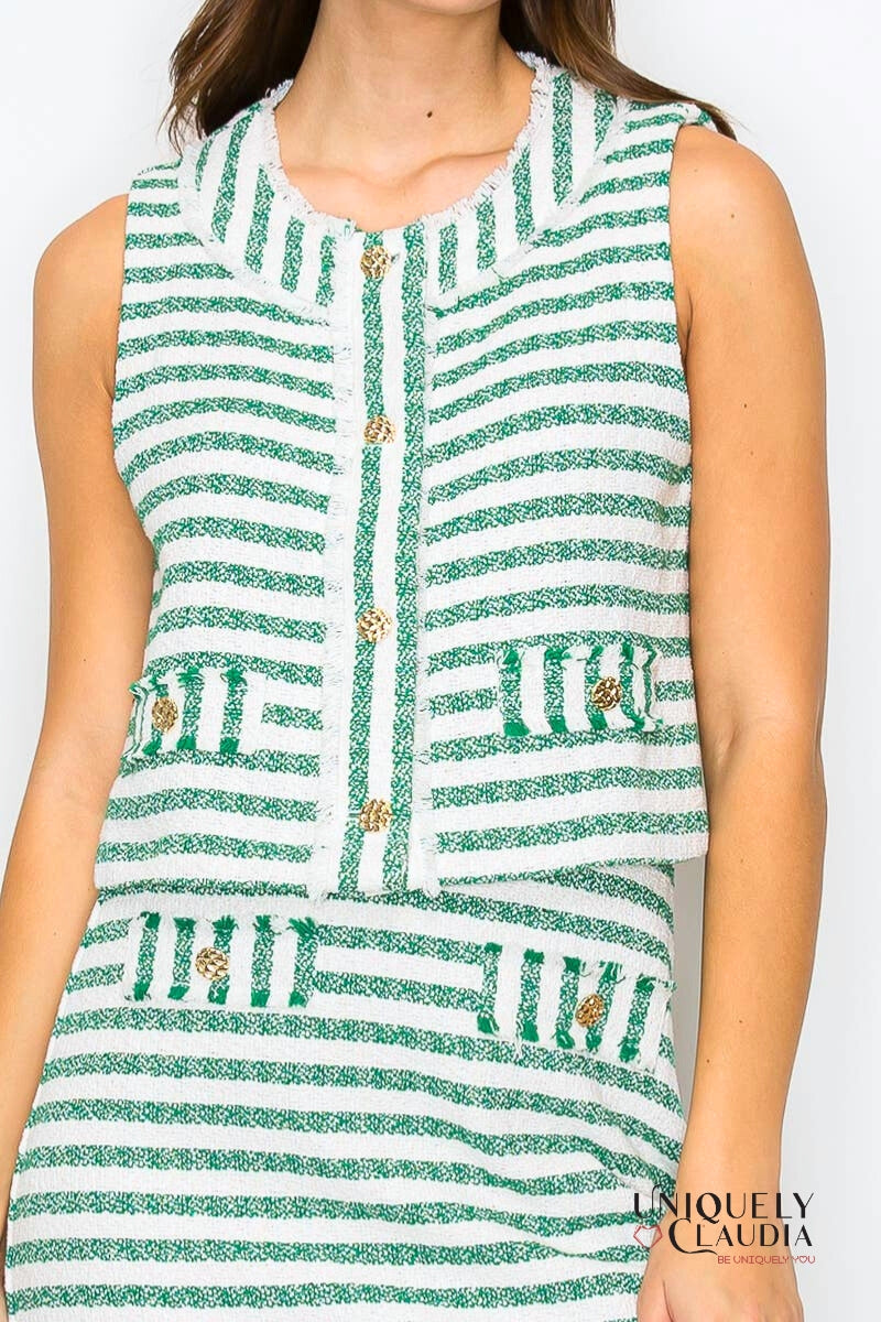 Kaitlyn Green & White Summer French Boucle Vest & Mini Skirt Set | Uniquely Claudia Boutique