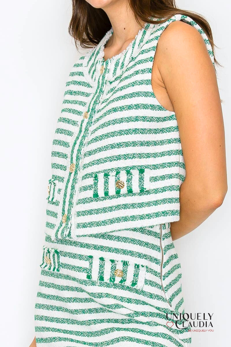 Kaitlyn Green & White Summer French Boucle Vest & Mini Skirt Set | Uniquely Claudia Boutique