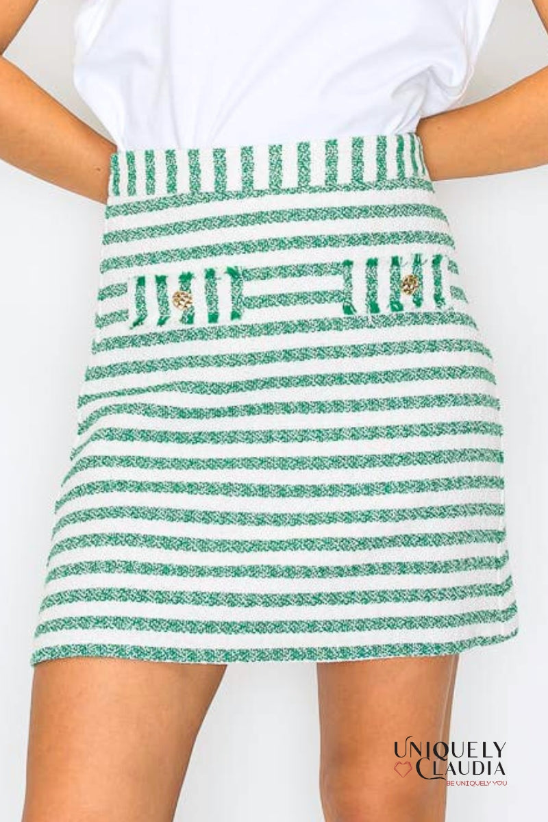 Kaitlyn Green & White Summer French Boucle Vest & Mini Skirt Set | Uniquely Claudia Boutique