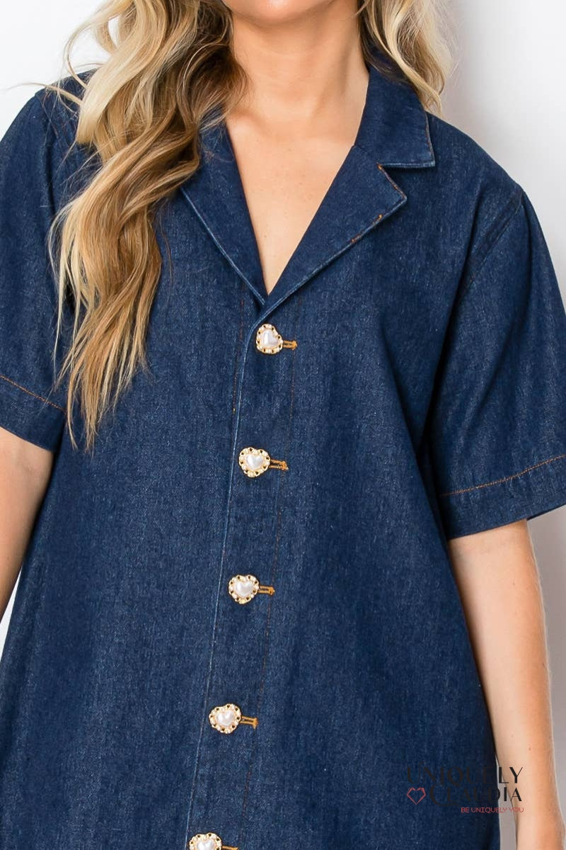 Kelly Denim Jewel Buttons Mini Shirt Dress - Uniquely Claudia Boutique