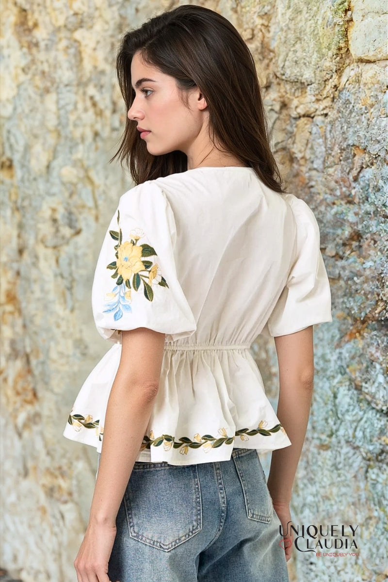 Kimberly Floral Embroidered Puff Sleeve Top - Uniquely Claudia Boutique
