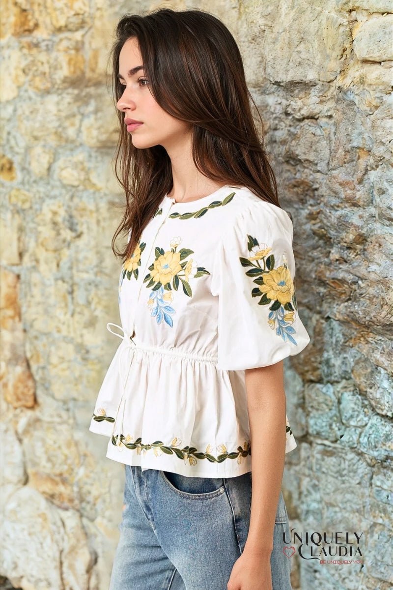 Kimberly Floral Embroidered Puff Sleeve Top - Uniquely Claudia Boutique