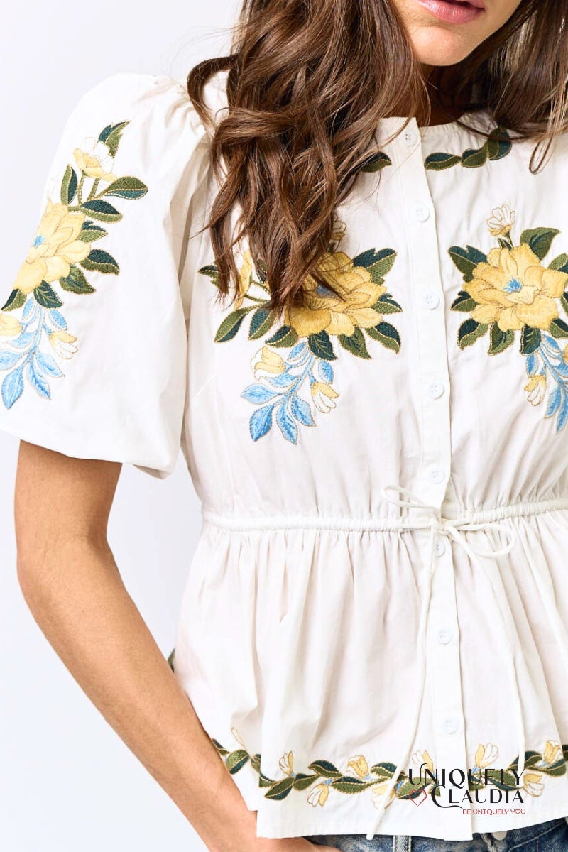 Kimberly Floral Embroidered Puff Sleeve Top - Uniquely Claudia Boutique