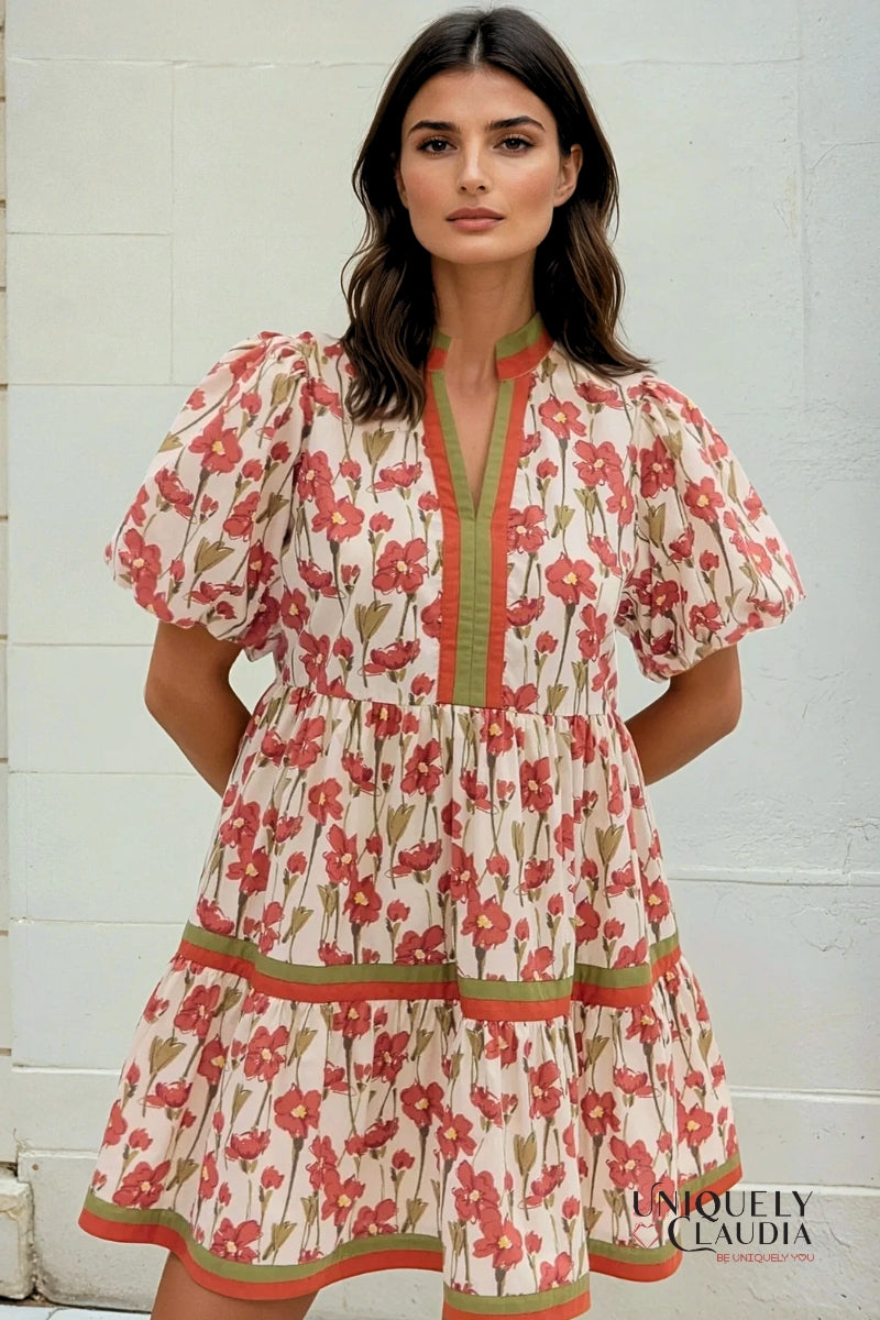 Lindsey Floral Print Bubble Sleeve Pullover Dress - Uniquely Claudia Boutique