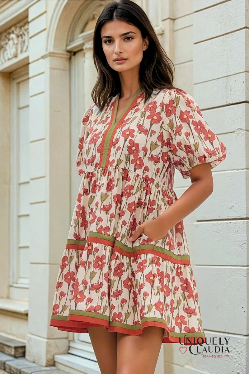 Lindsey Floral Print Bubble Sleeve Pullover Dress - Uniquely Claudia Boutique
